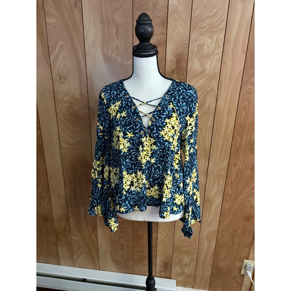 Zara Basic Floral Lace Up Bell Sleeve Blouse‎ Navy Yellow XS Boho V-Neck Top